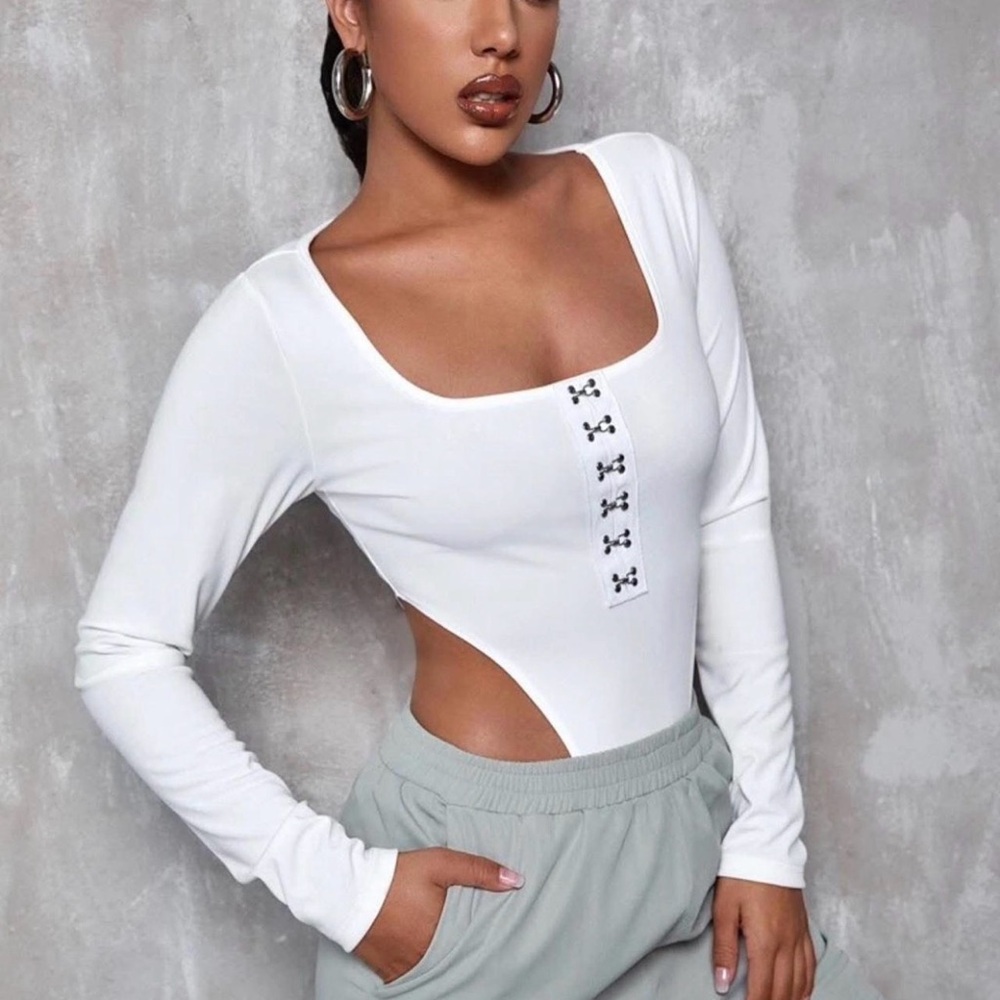 White Long Sleeve Bodysuit With Snap Closure Up Detail Design